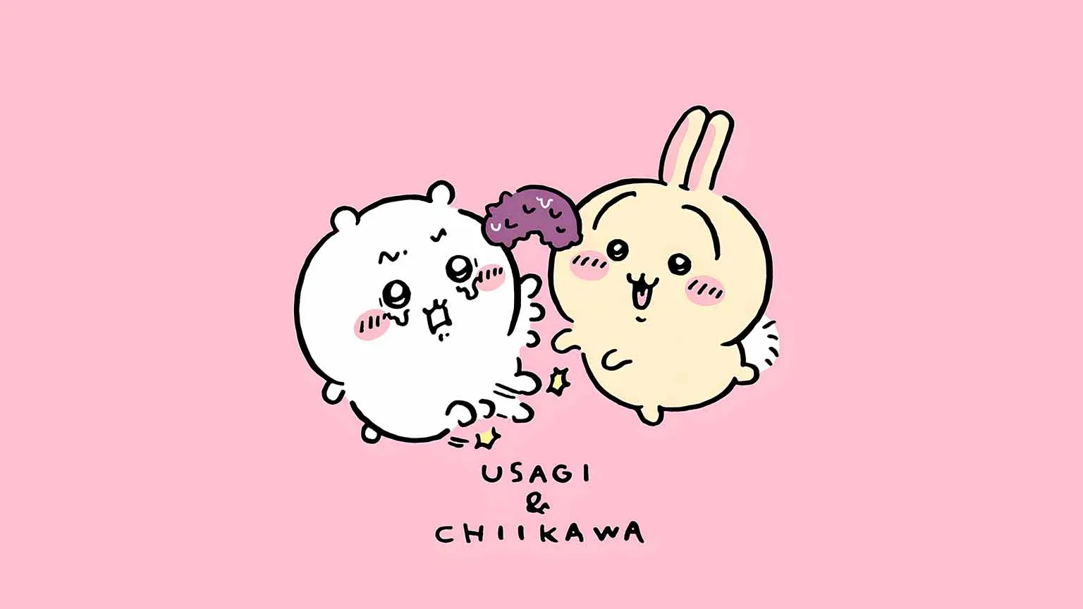 Free Usagi And Chiikawa Playing On Pink Desktop Wallpaper 4k
