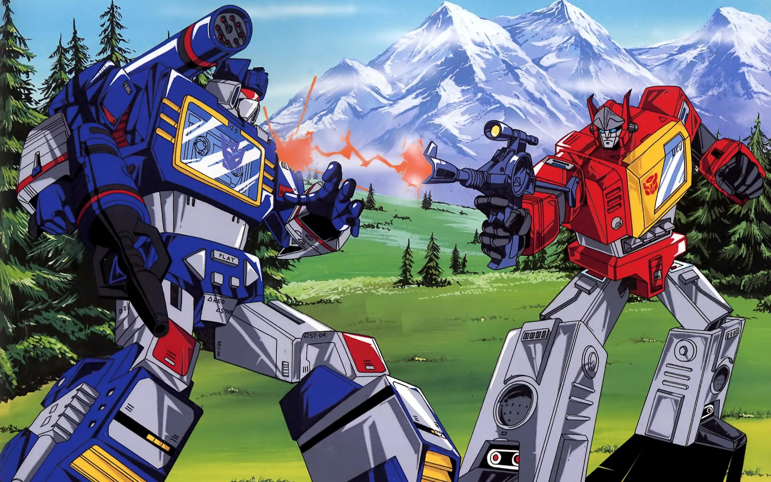 Autobots fighting to Decepticon in green forest during daytime HD wallpaper
