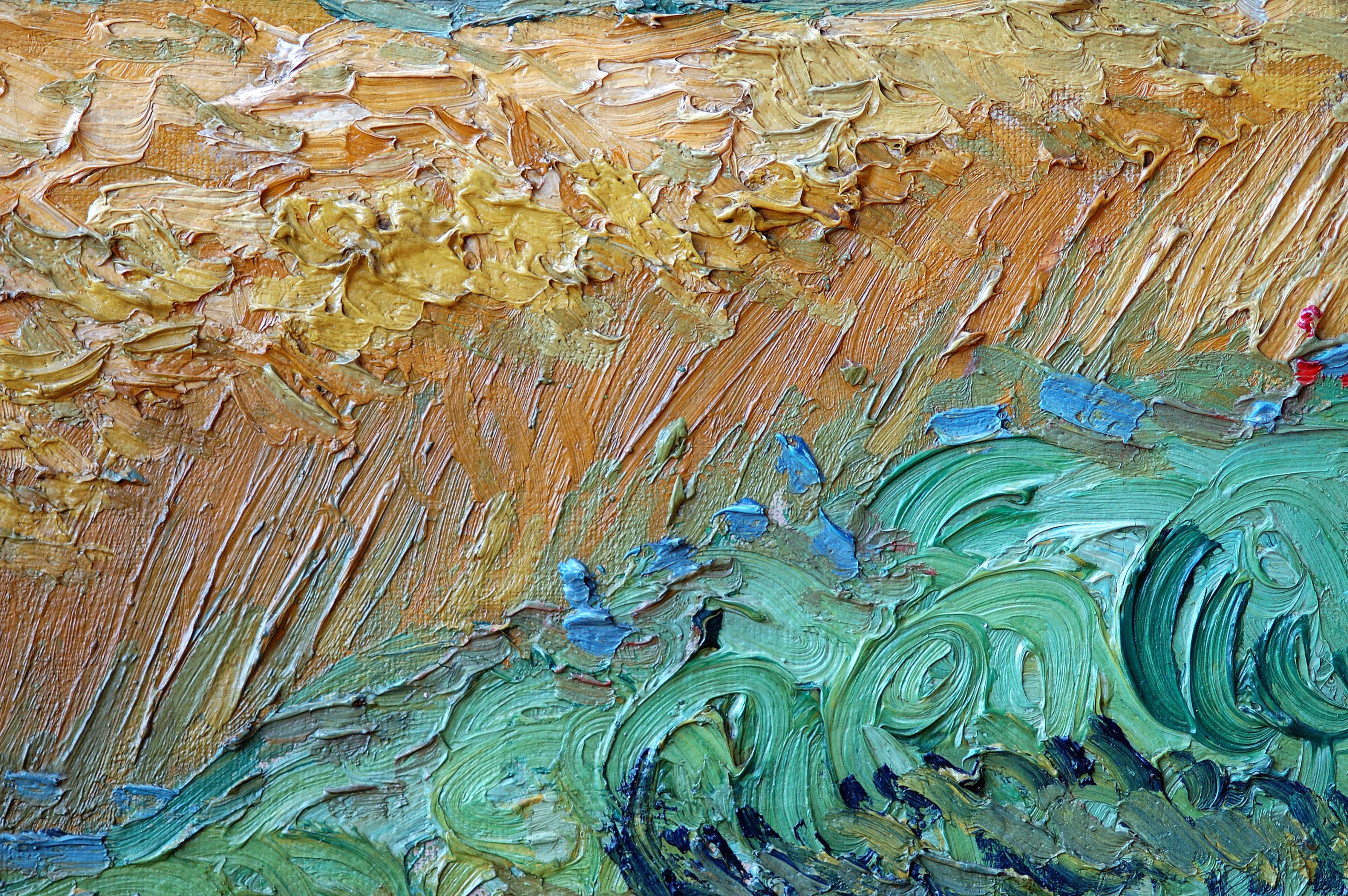 Desktop wallpaper: Canvas, Vincent Van Gogh, Wheat Fields, Texture, Textures, Paint, Butter, Oil, Wheat Field With Cypresses 4K free download for PC. 57428