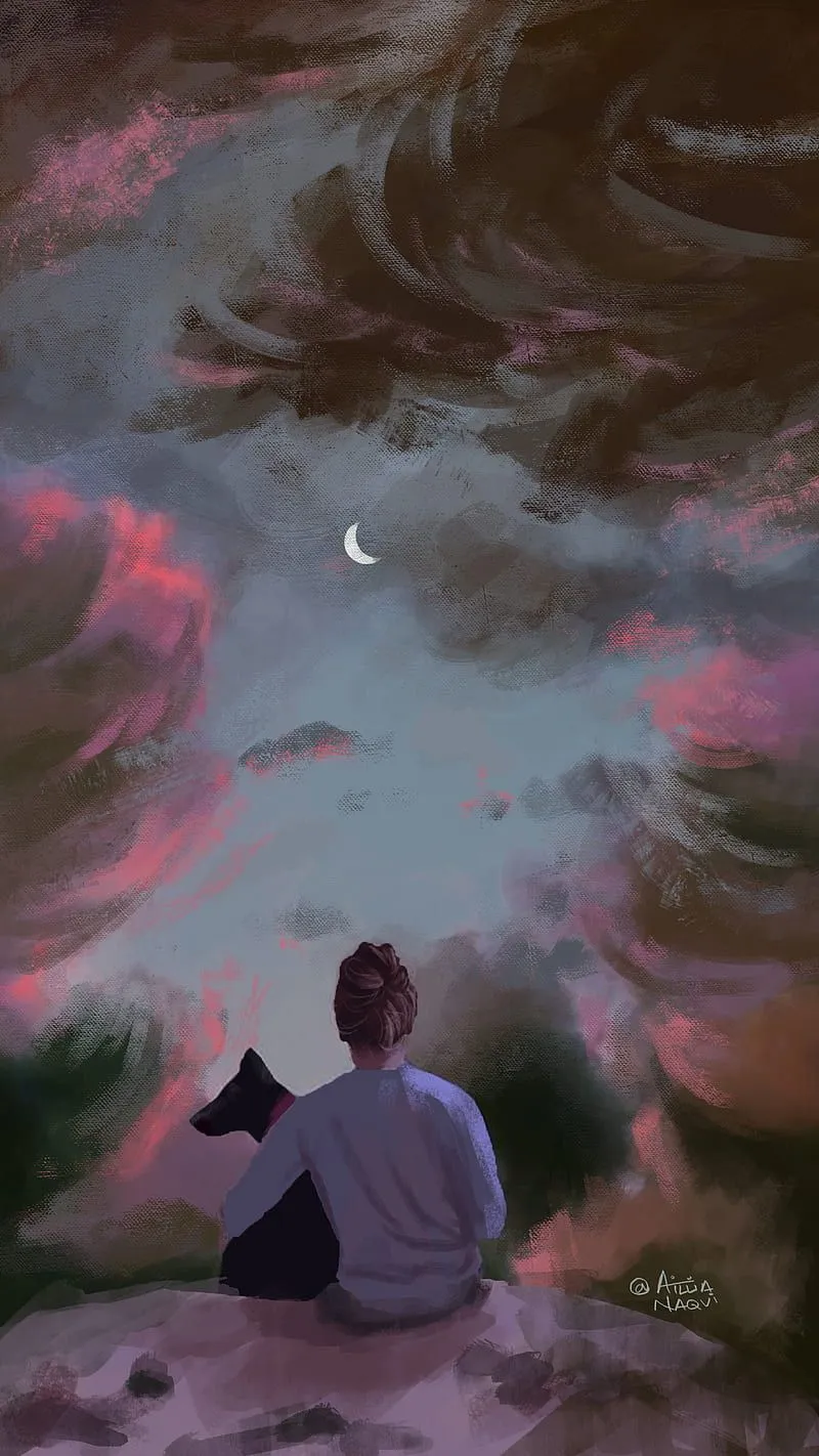 Sky, aesthetic, artits, clouds, digital art, dog, girl, painting, pink, HD phone wallpaper