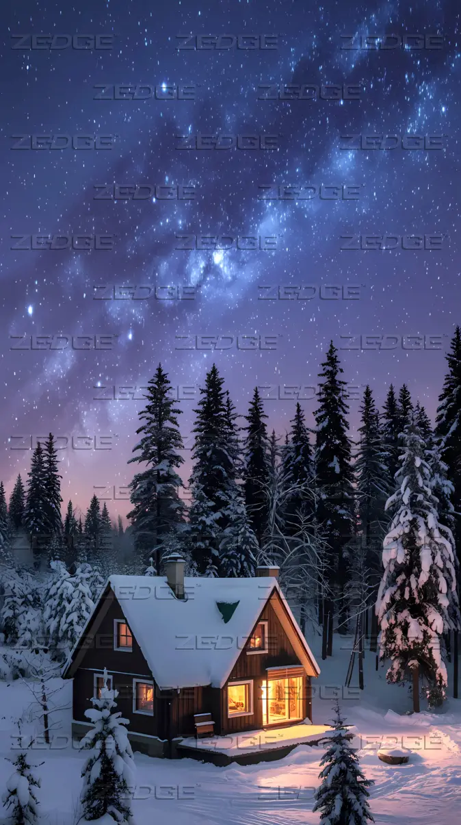 Cozy Winter Cabin Under Milky Way Night Sky Phone Wallpaper wallpaper