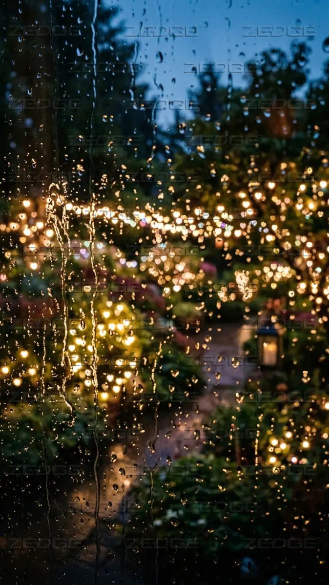 Rainy Window with Warm String Lights Evening Garden View wallpaper