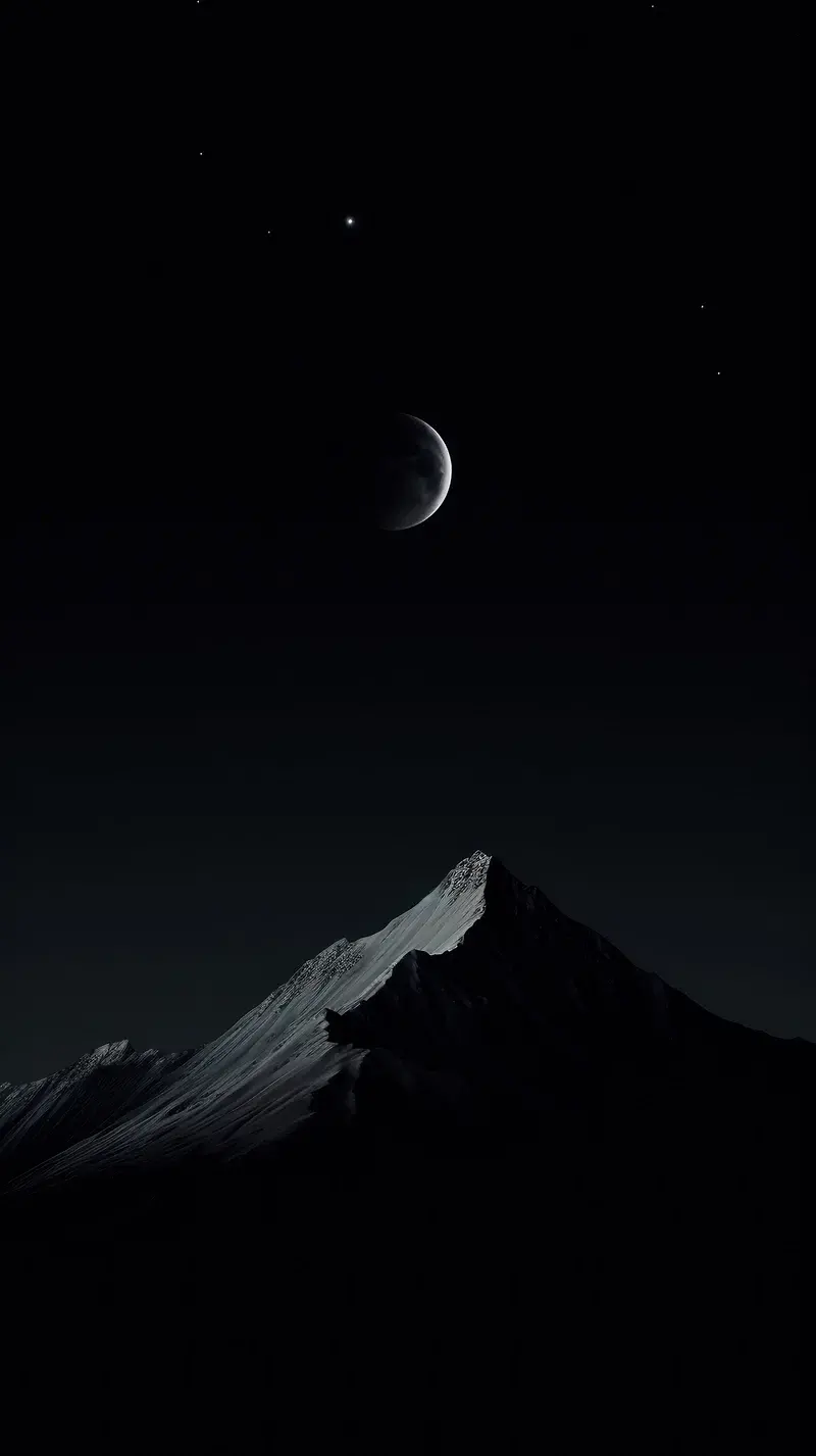 Dark Mode Mountains Landscape With Crescent Moon
