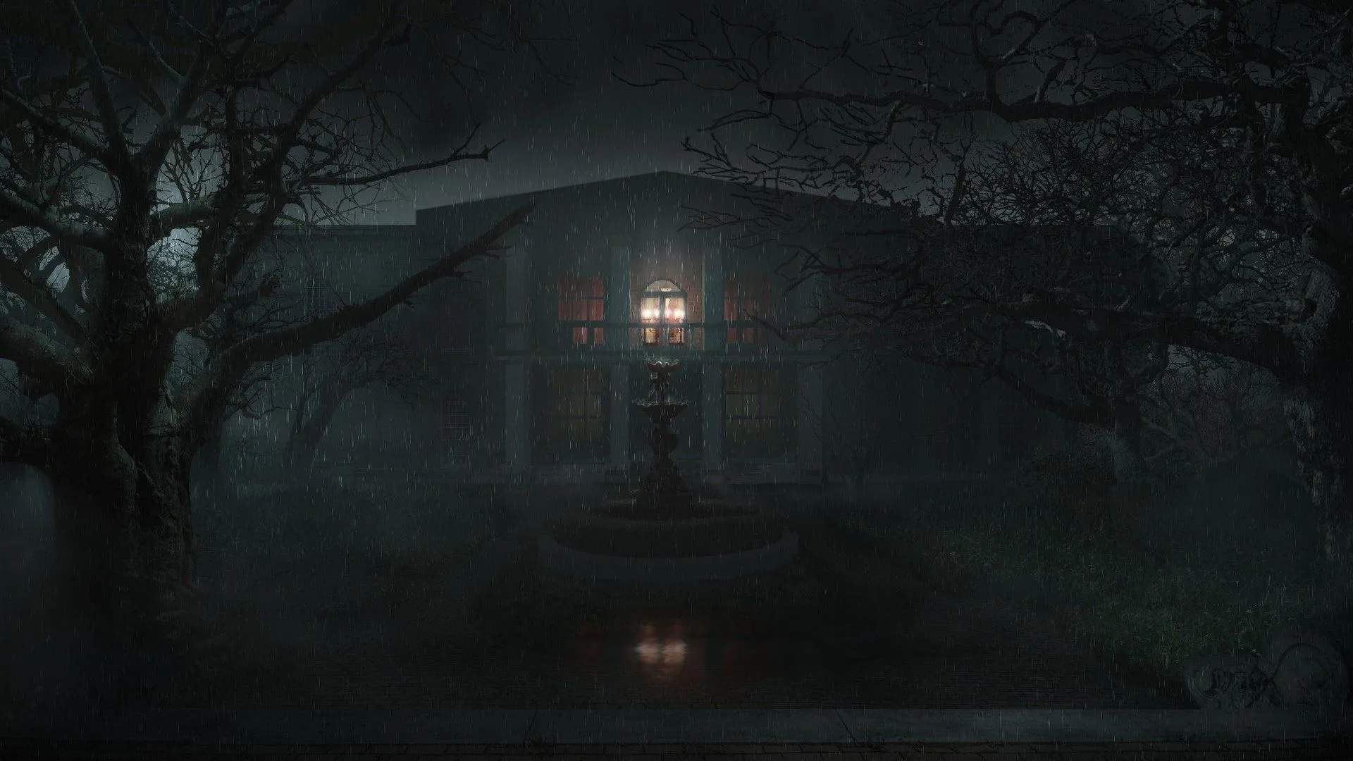 Midnight Rainfall by the Dark House Fountain