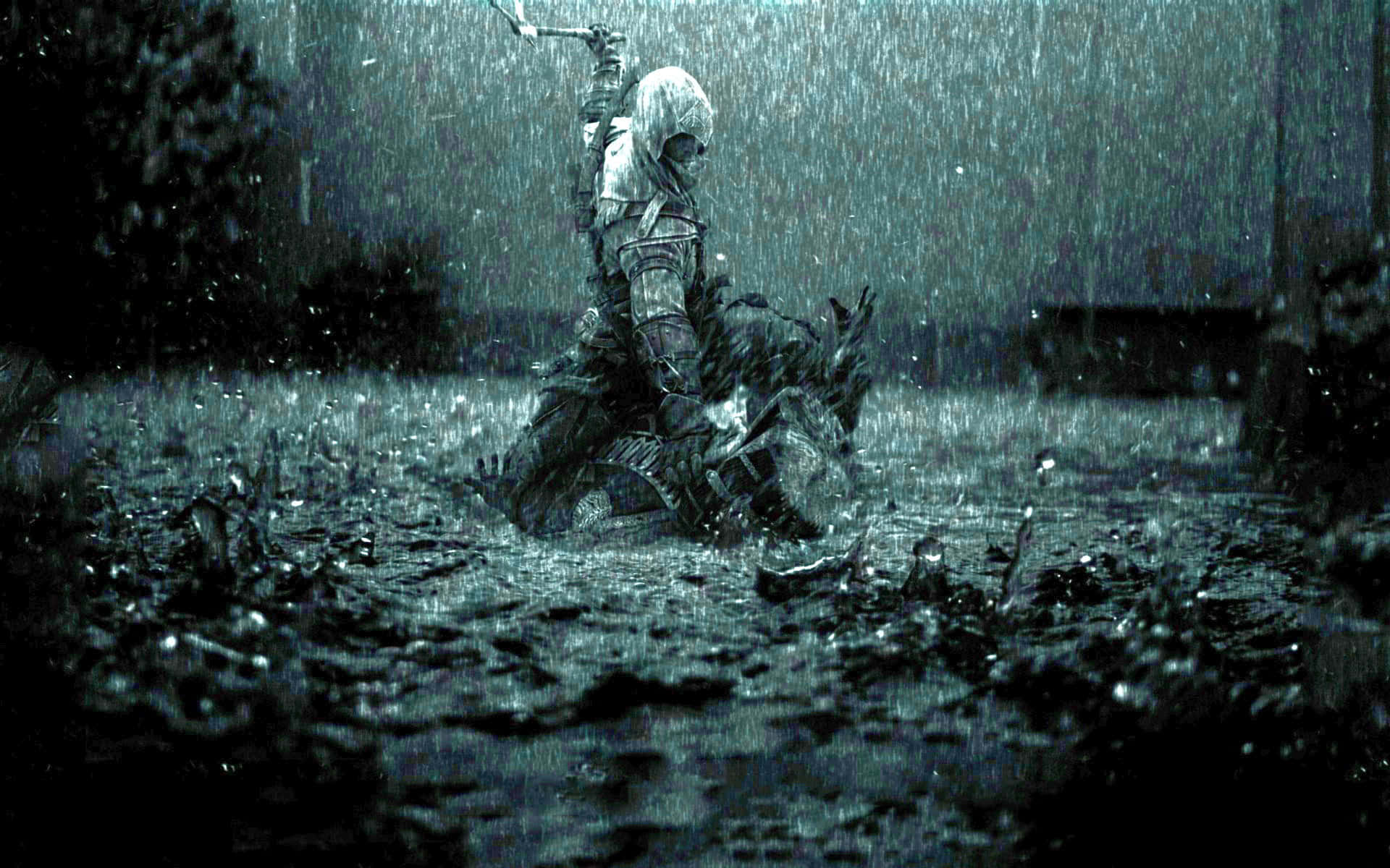 Download A Man Is Standing In The Rain With A Sword Wallpaper