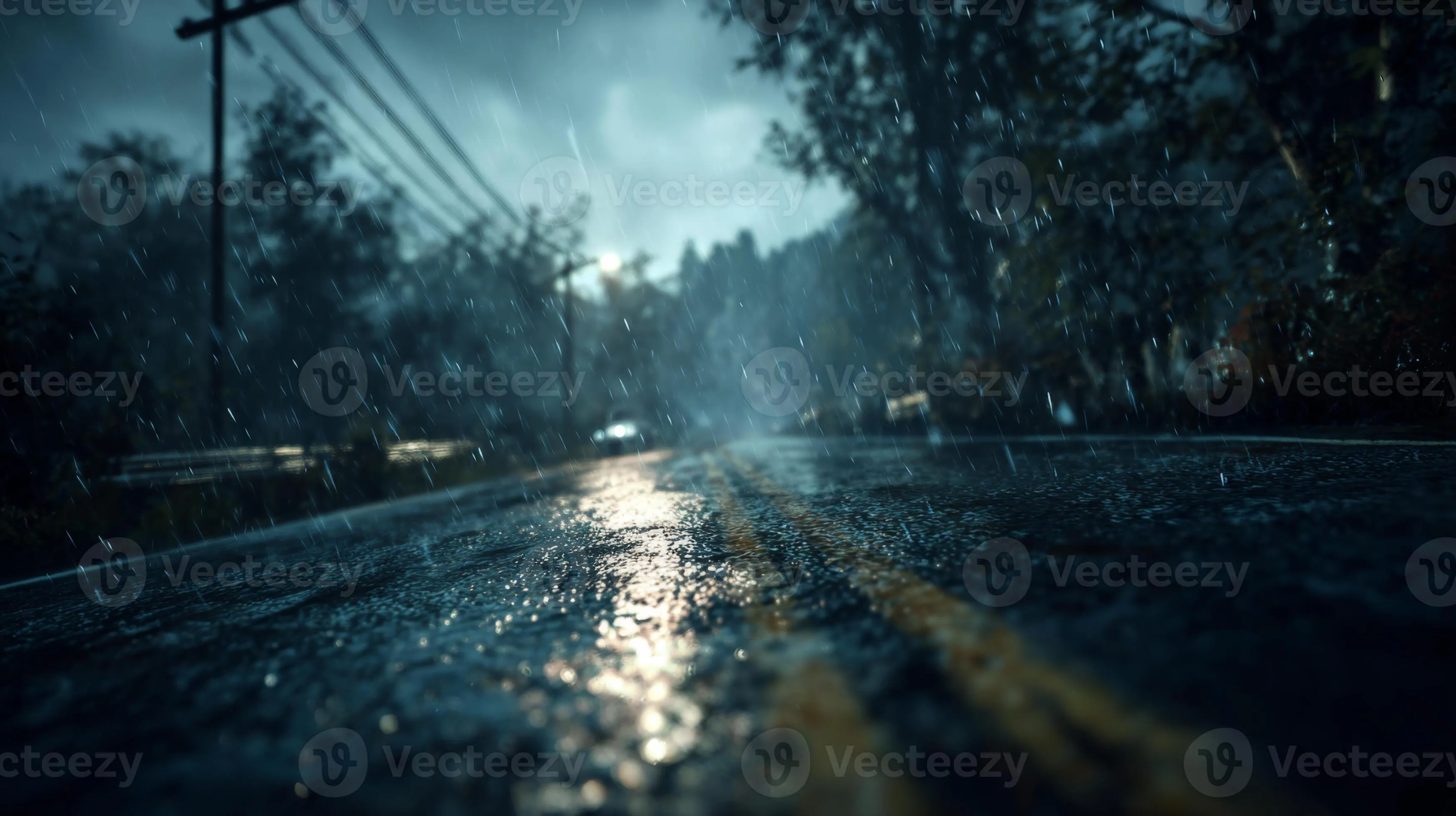 Rainy road landscape with dark clouds and wet pavement reflecting light in a moody and atmospheric setting