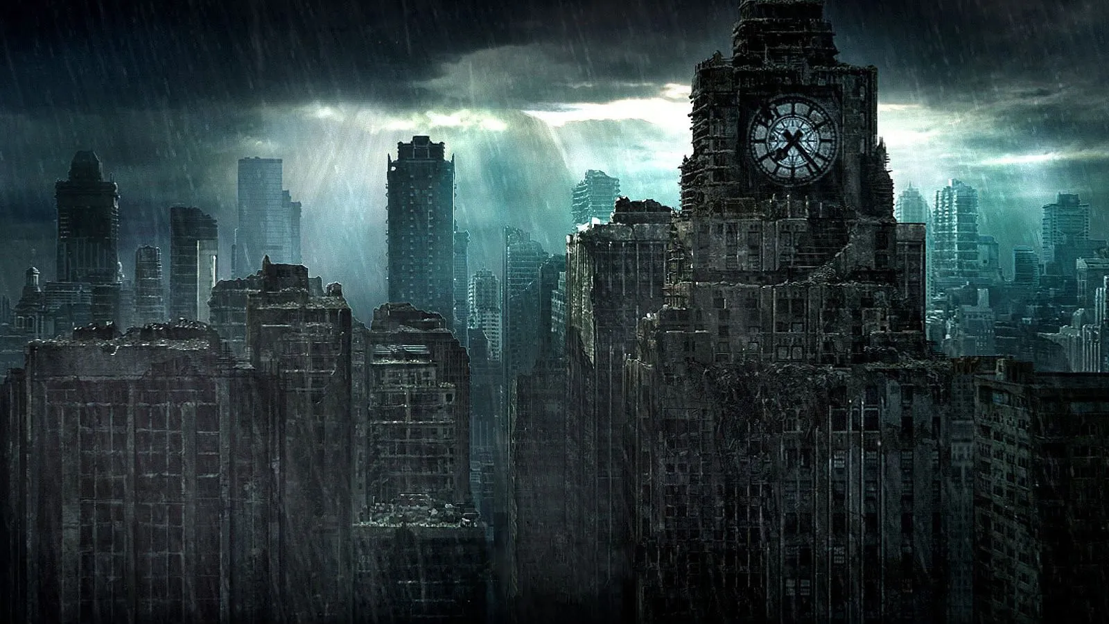 Rain in a destroyed city Desktop wallpaper 1600x900