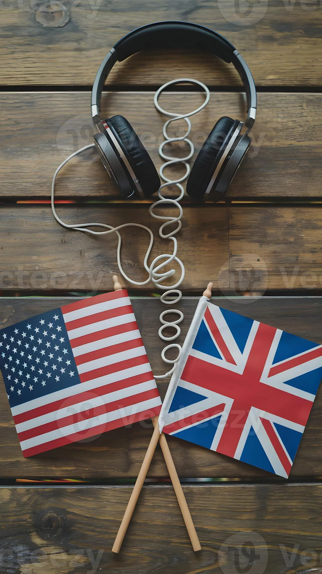 American and British flags with headphones suggest cultural exchange and communication Vertical Mobile Wallpaper