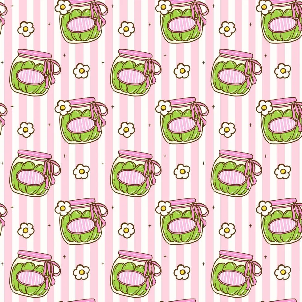 Cute Coquette Seamless Pattern Cucumbers Pickled Jar with pink ribbon bow, Girly Retro Preppy wallpaper