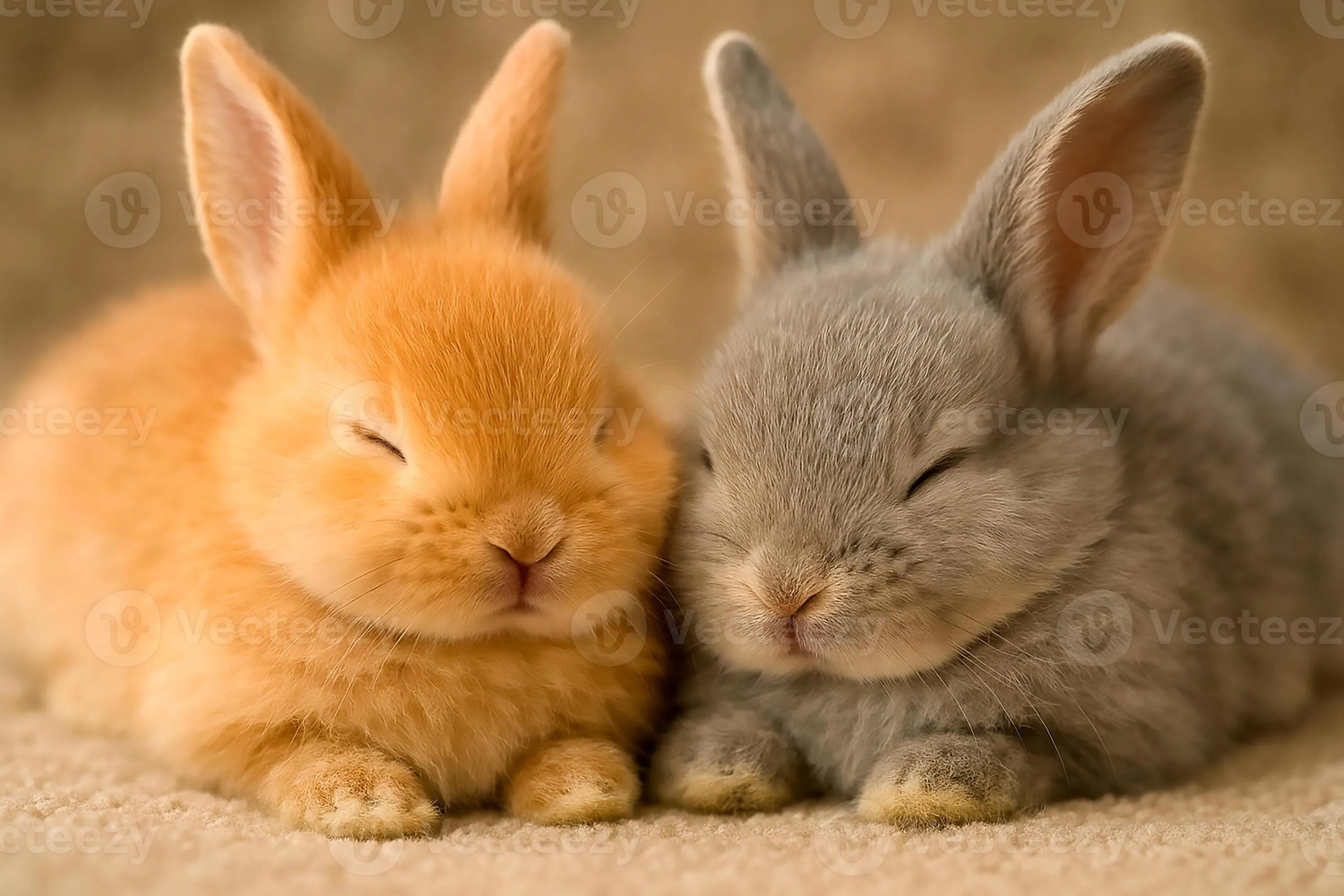 Two Adorable Baby Bunnies, One Orange And One Grey, Sleep Peacefully Side By Side. Their Soft, Fluffy Fur And Closed Eyes Create An Image Of Pure Innocence And Tranquility