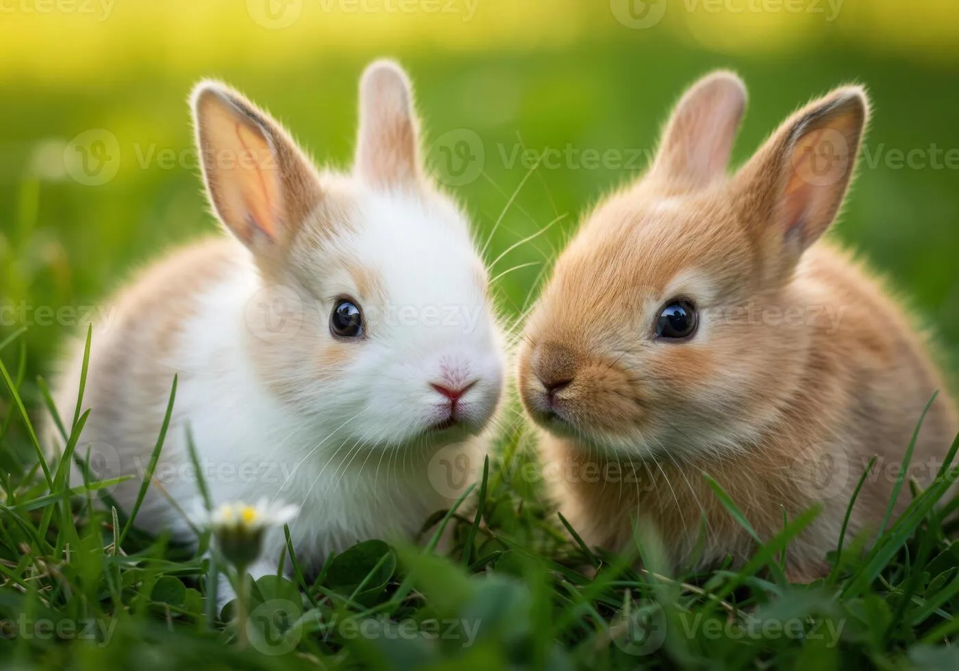 Two charming baby bunnies sit together in a bed of fresh green grass