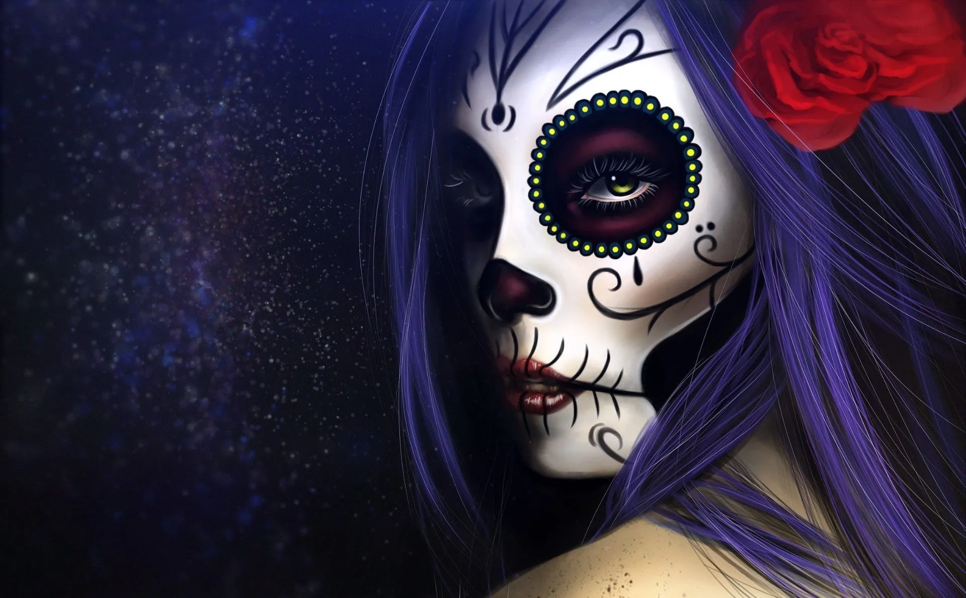 Woman With Dia De Los Muertos Makeup And Red Rose HD Wallpaper