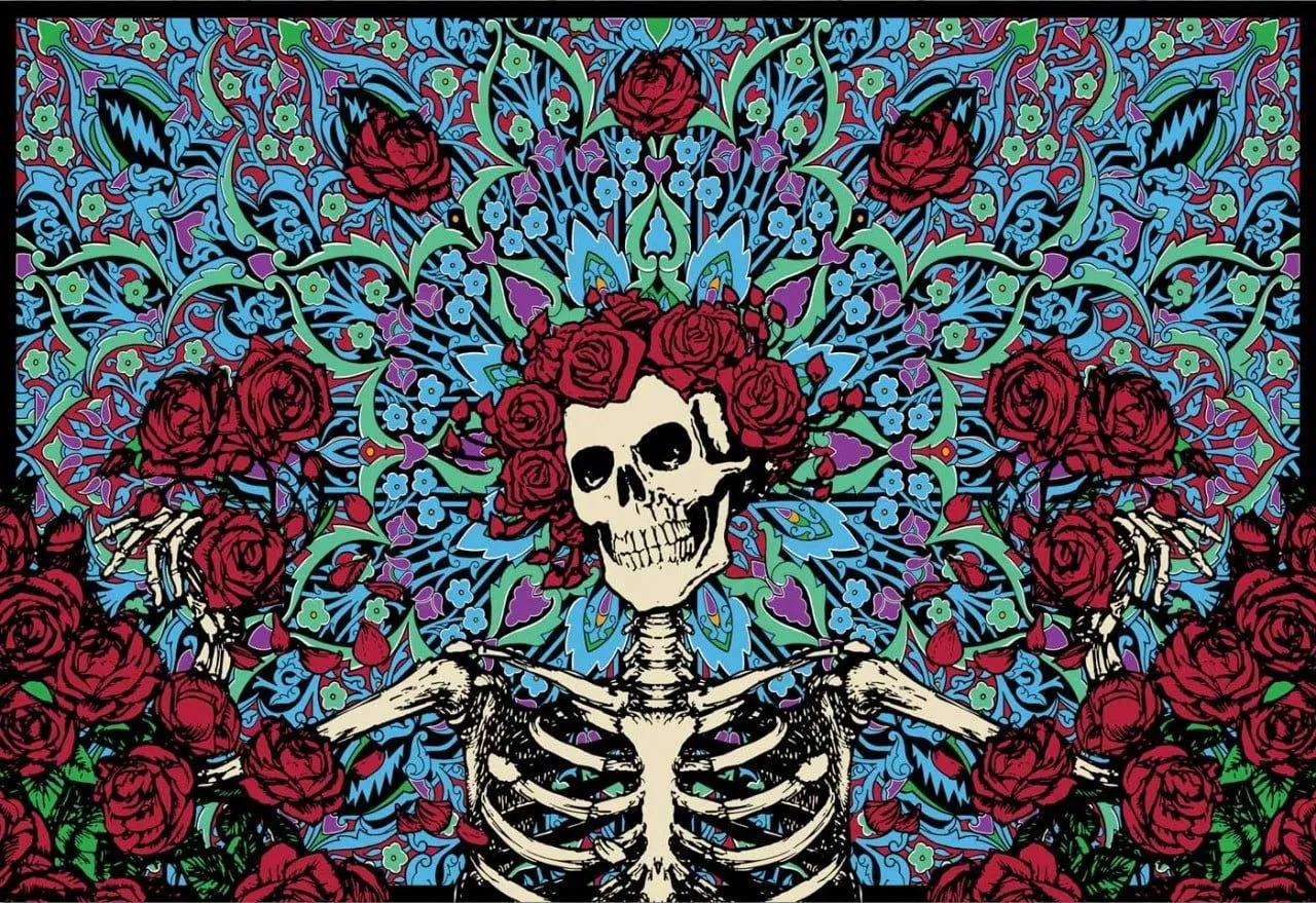Red, blue, and white floral textile, skeleton, skull, Dia de los Muertos, Grateful Dead HD wallpaper