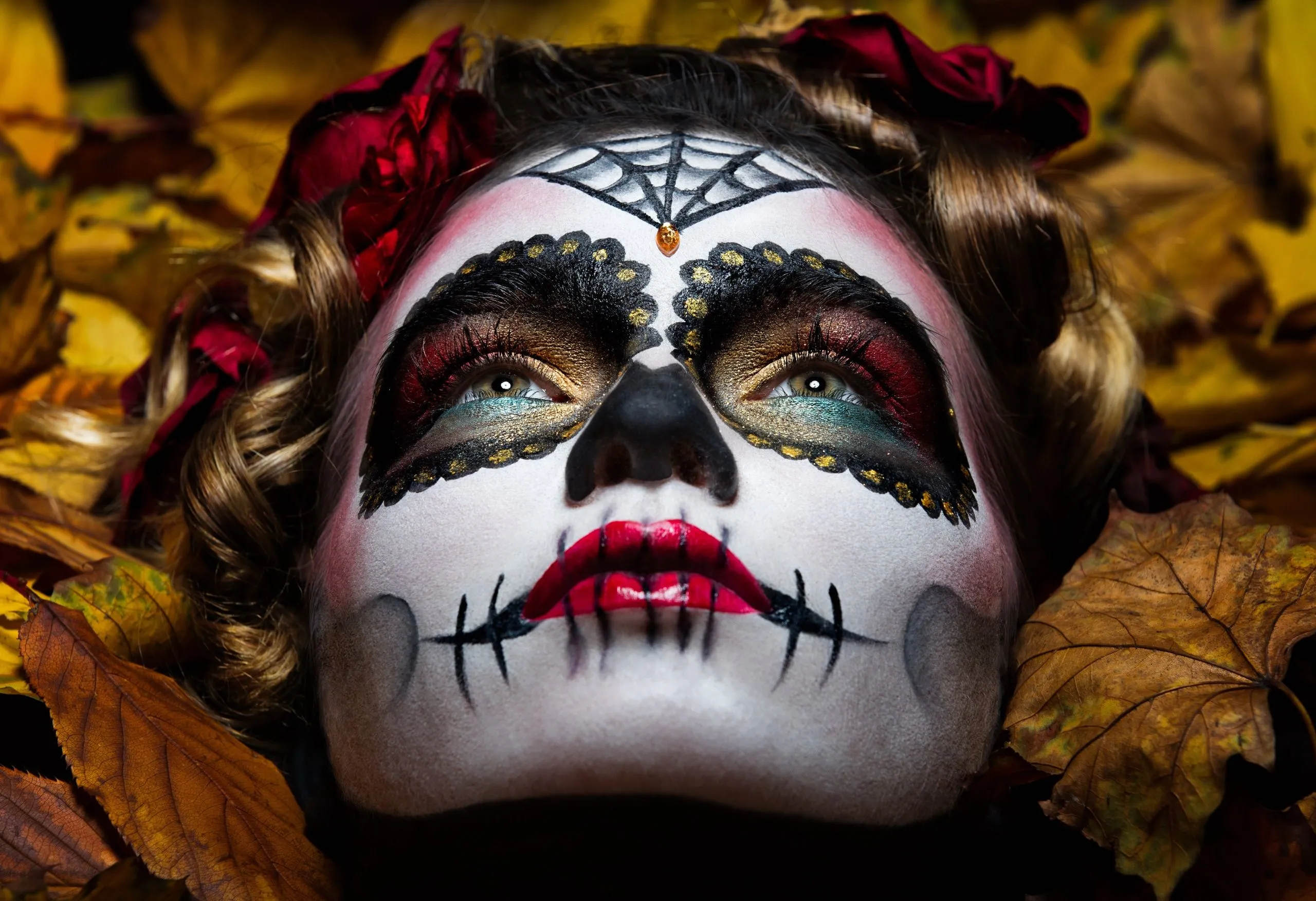 Women, Dia De Los Muertos, Face, Model, Makeup, Leaves, Sugar Skull HD Wallpaper