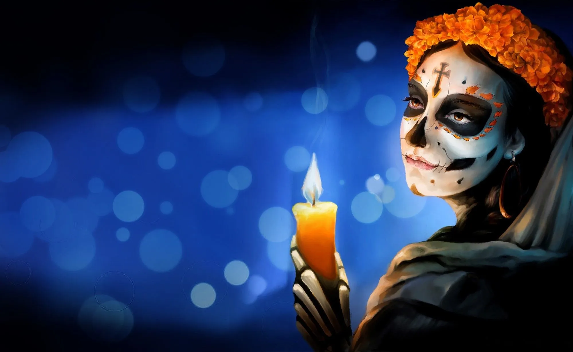 Woman With Dia De Los Muertos Makeup Holding A Candle, HD Wallpaper