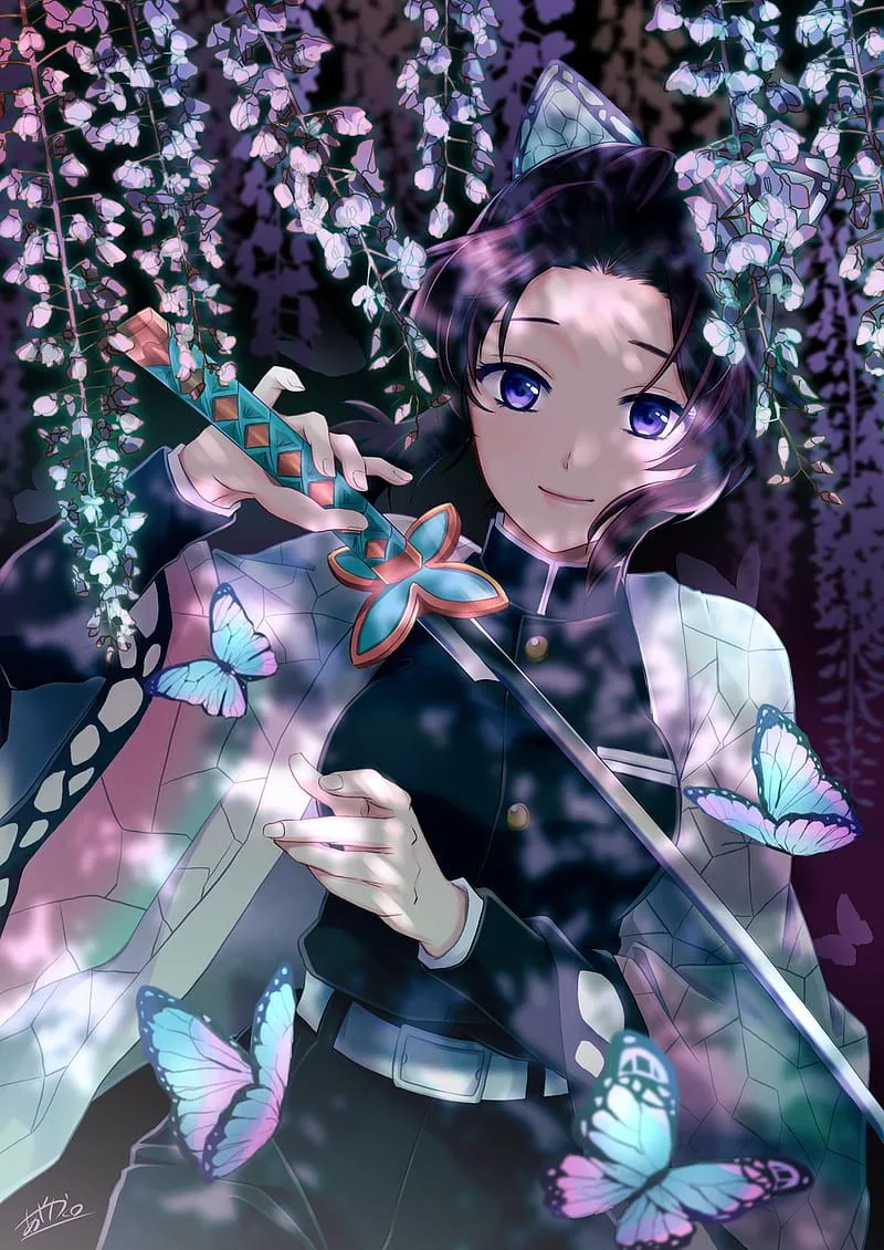 Shinobu Kocho, anime girl, butterflies, demon slayer, shinobu kocho, HD phone wallpaper