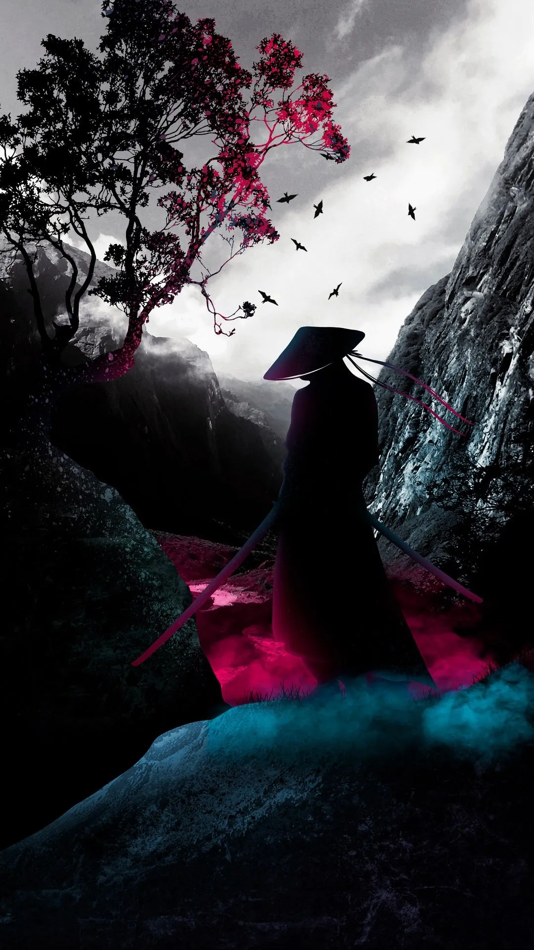 Samurai Warrior With Swords In A Misty Mountain Landscape HD Phone Wallpaper