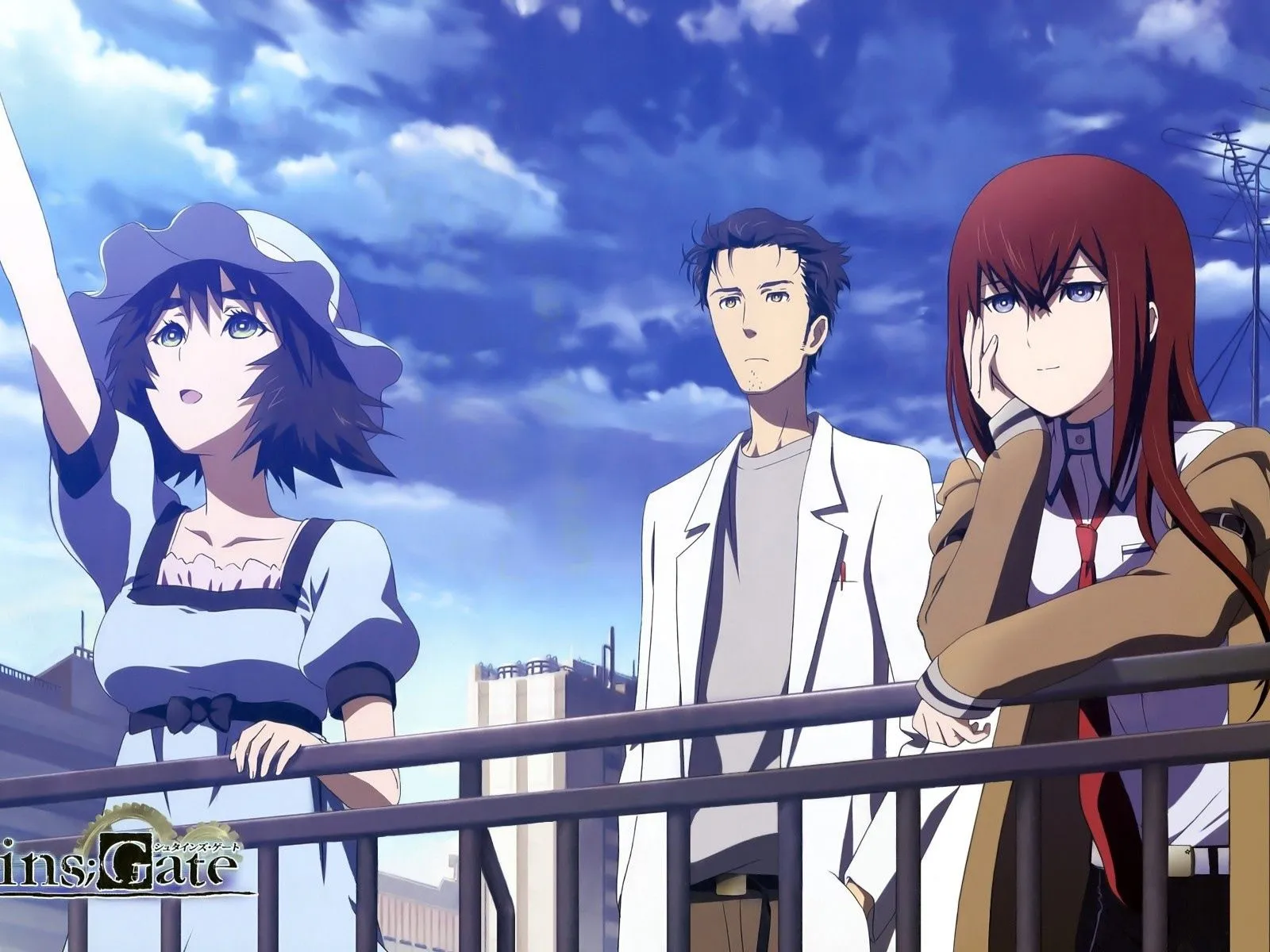 Three anime character Gate Stein standing at the railing Desktop wallpaper 1600x1200