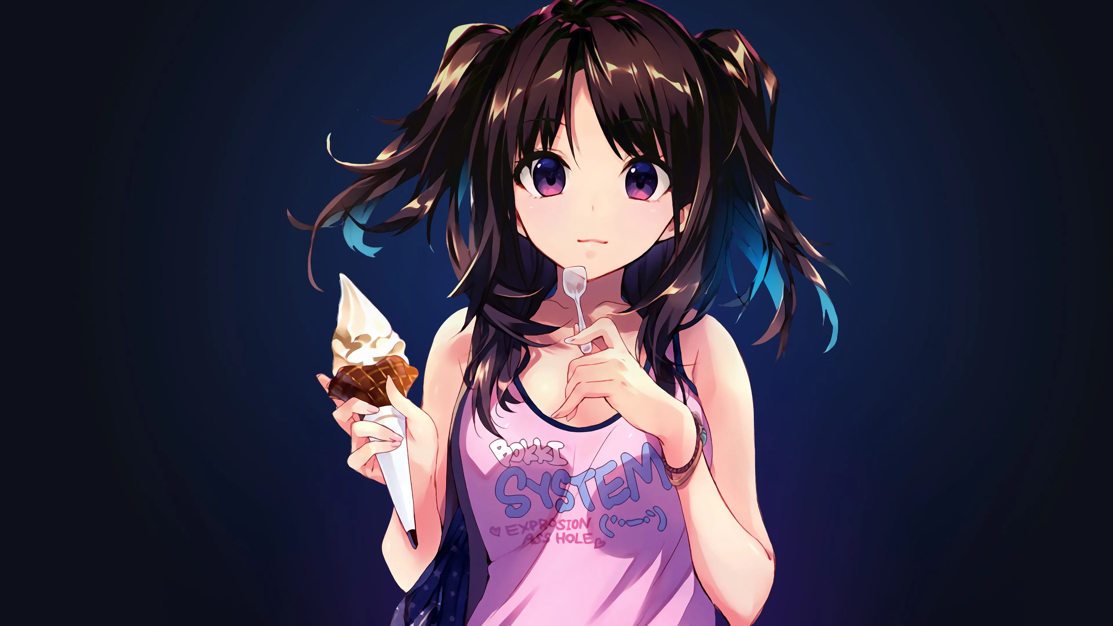 Anime girl Wallpaper 4K, Ice cream cone, Dark blue