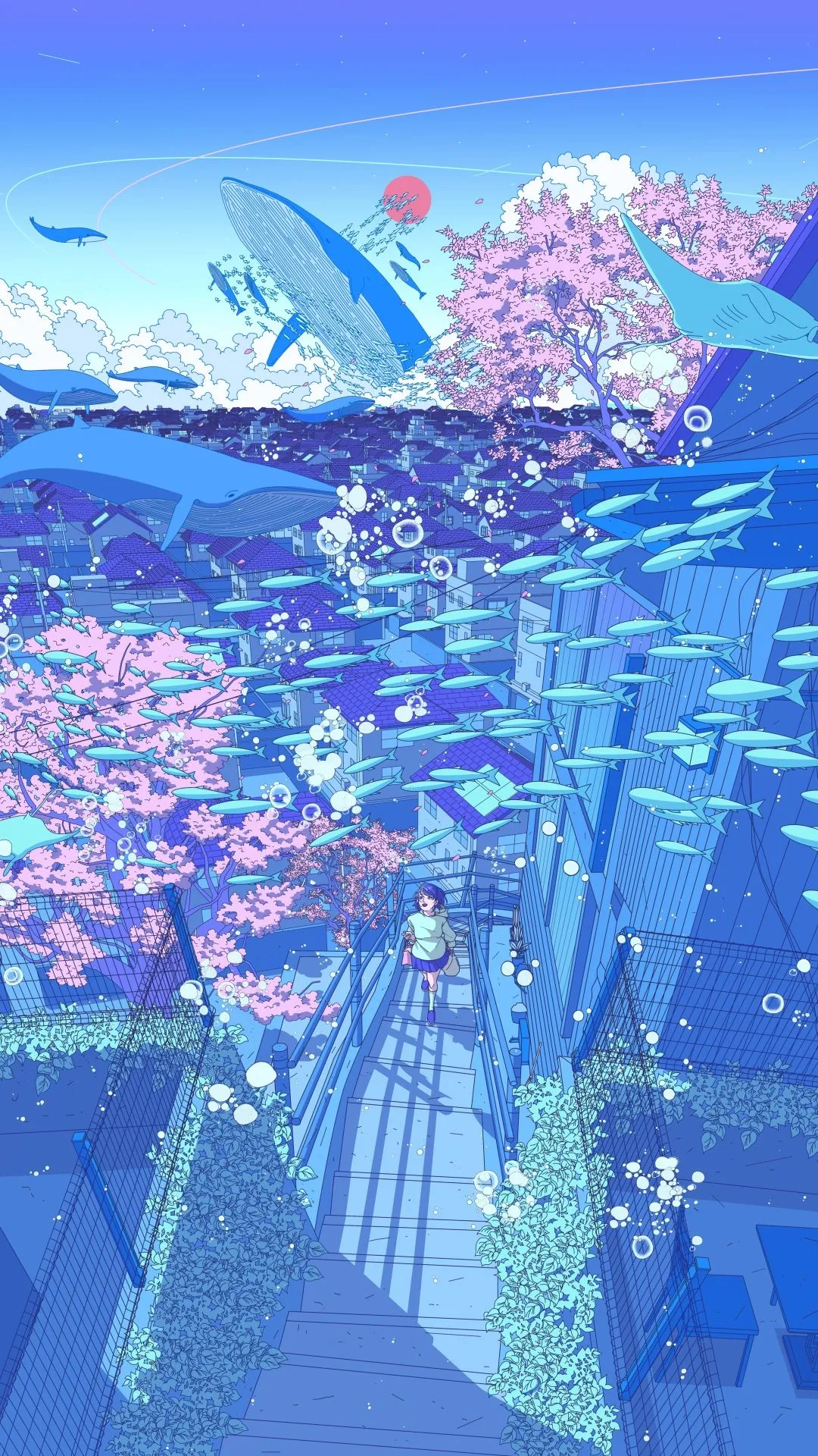 Surreal Wallpaper 4K, Underwater city, Whale, Fishes