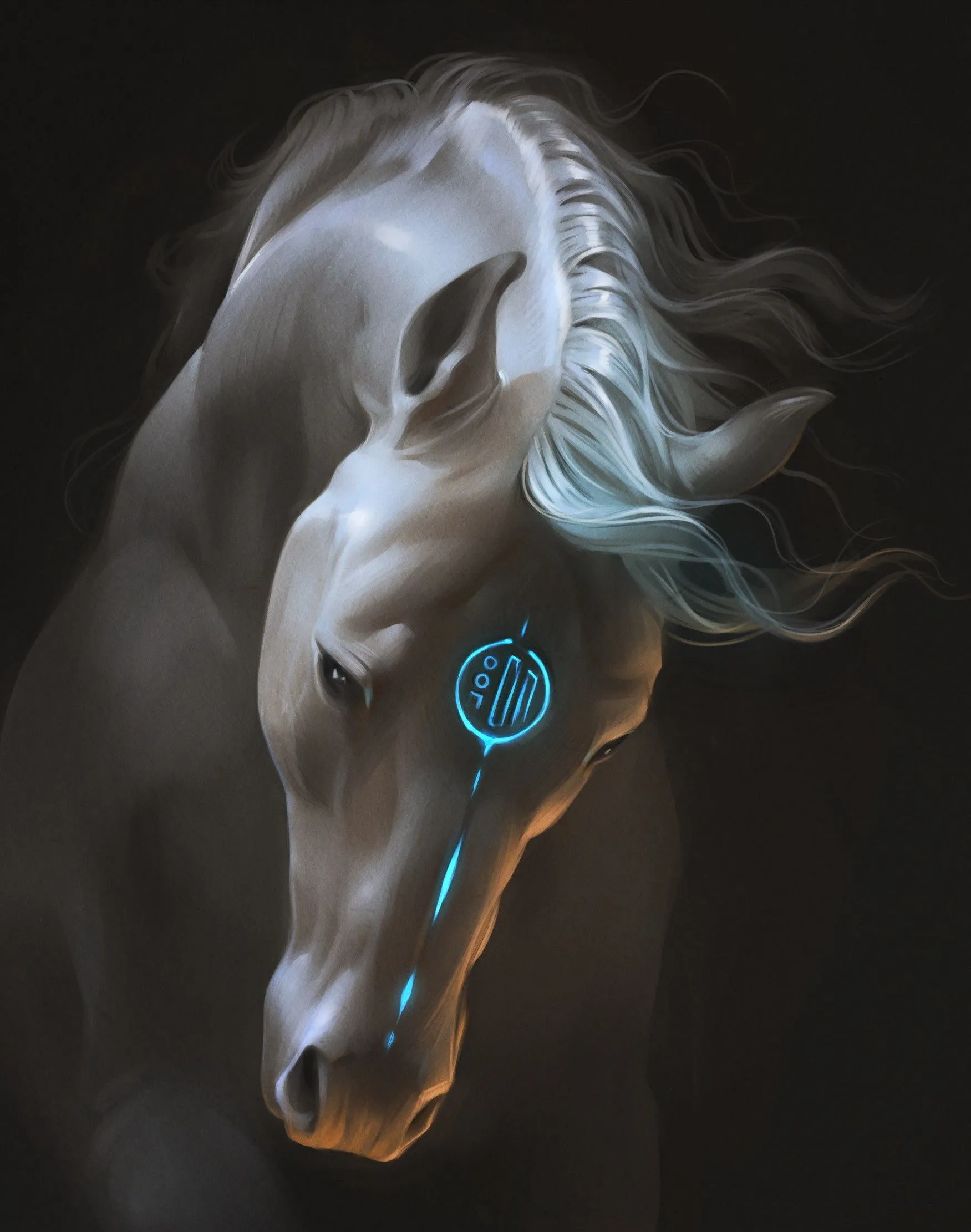 A White Horse With Glowing Blue Markings HD Phone Wallpaper
