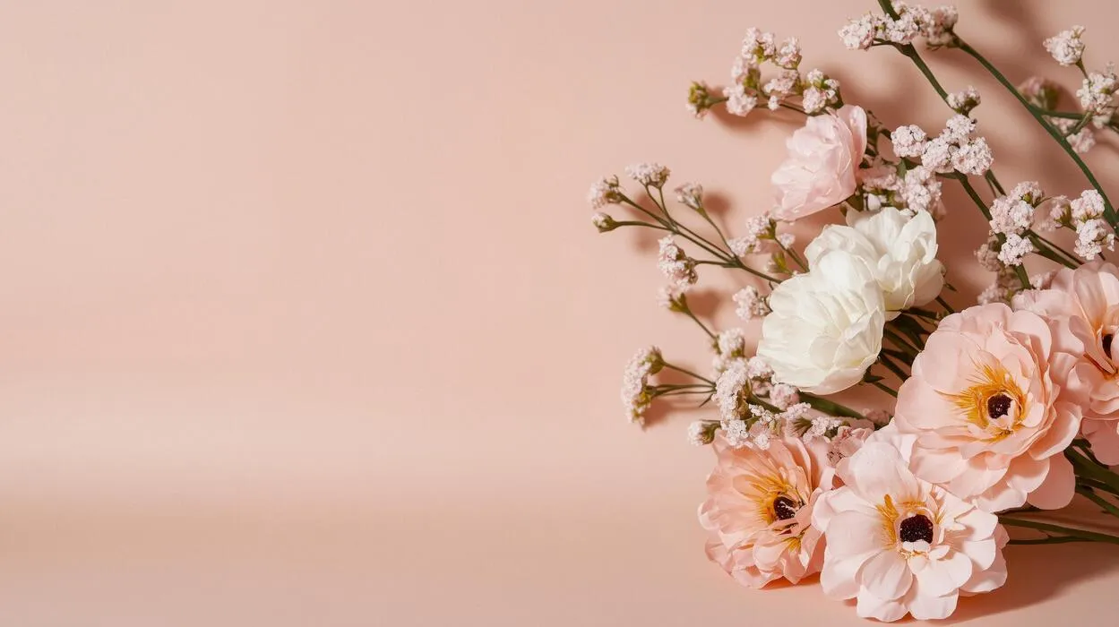 Delicate pink flowers arranged on soft beige background, clean composition with subtle shadows