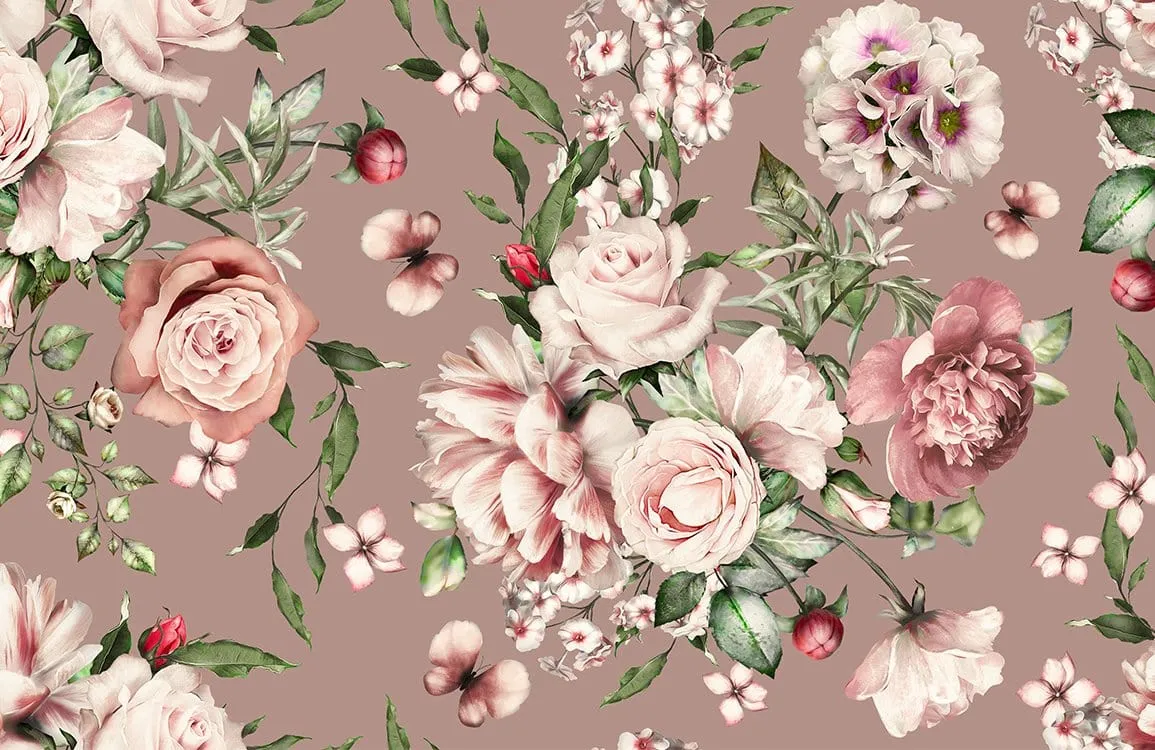 Vintage Floral Elegance Mural Wallpaper in Soft Pink and Green Tones