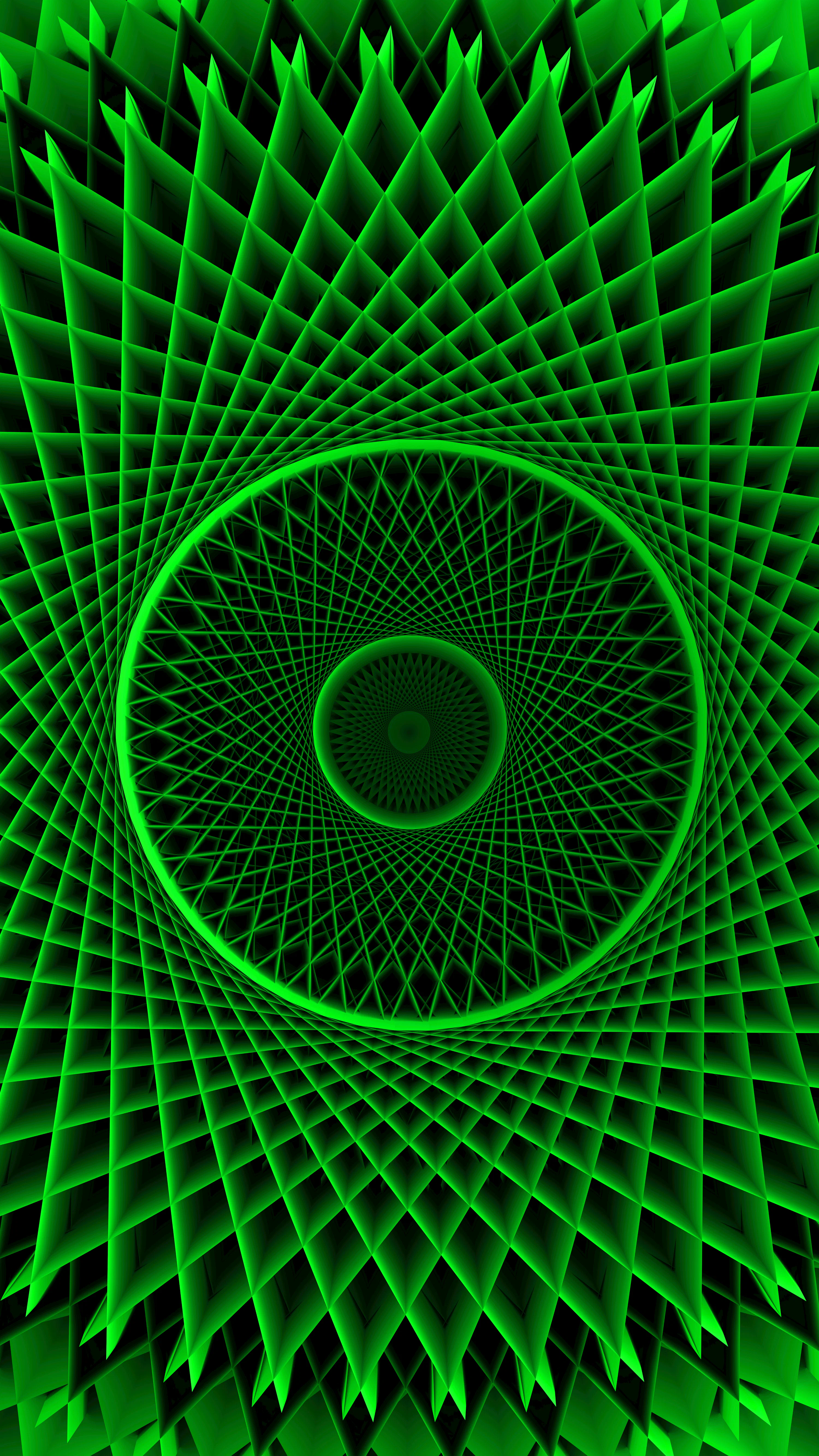 Green, Geometric, Tunnel Like Structure Spirals Inward. Photo
