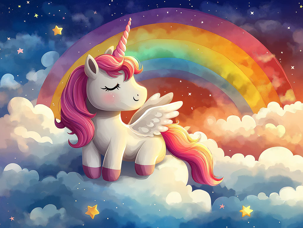 Unicorn and Rainbow Mural Wallpaper. Pink, Purple, Yellow, Blue and W
