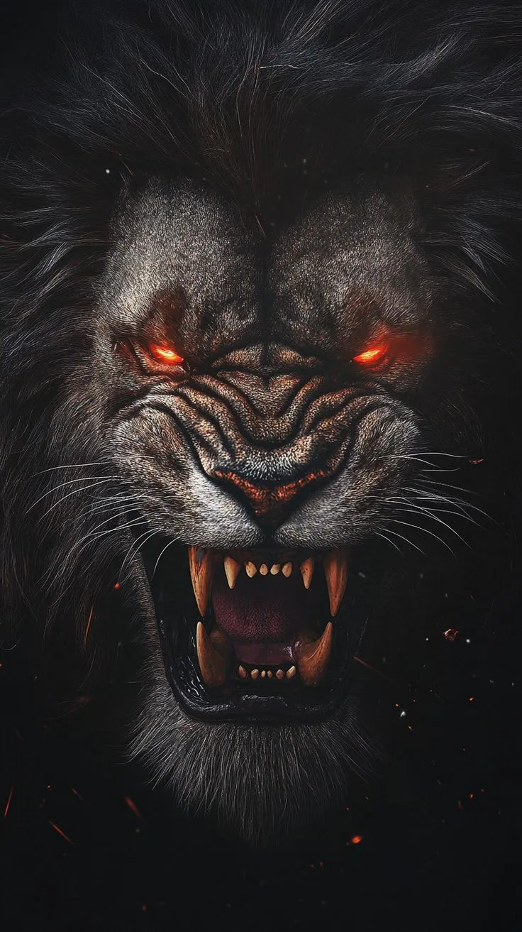 a strong majestic lion head with a snarl, with big teeth and red glowing eyes