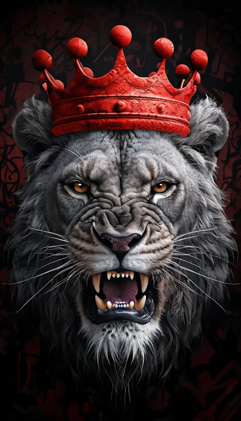 Regal Aggressive Lion Face with Crown Digital Art Mobile Wallpaper