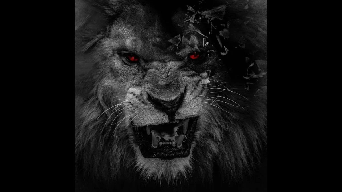 Lion Mural Wallpaper. Black and White with Red Eyes