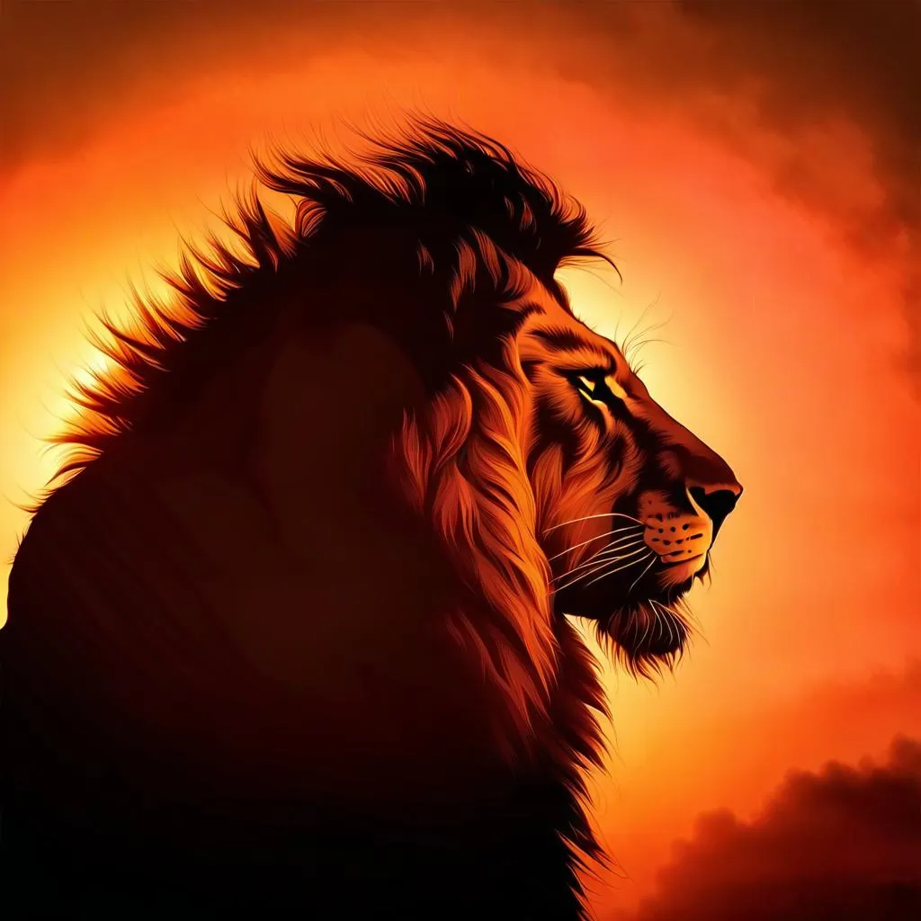 A bold, black silhouette of a lion's profile, maje