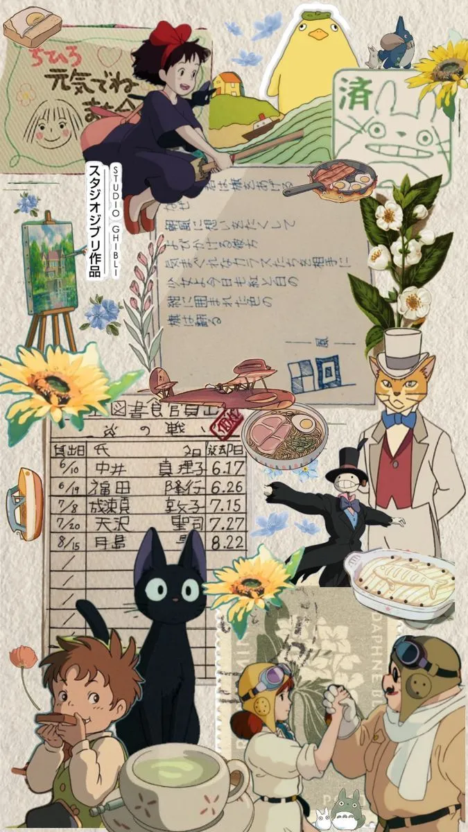 Collage that consists of: When Marnie was there, Howls Moving Castle, Totoro, Ponyo, Porcco Rosso, Spirited Away, Up on Poppy hill, Whisper of the heart, and Kiki's Delivery Service