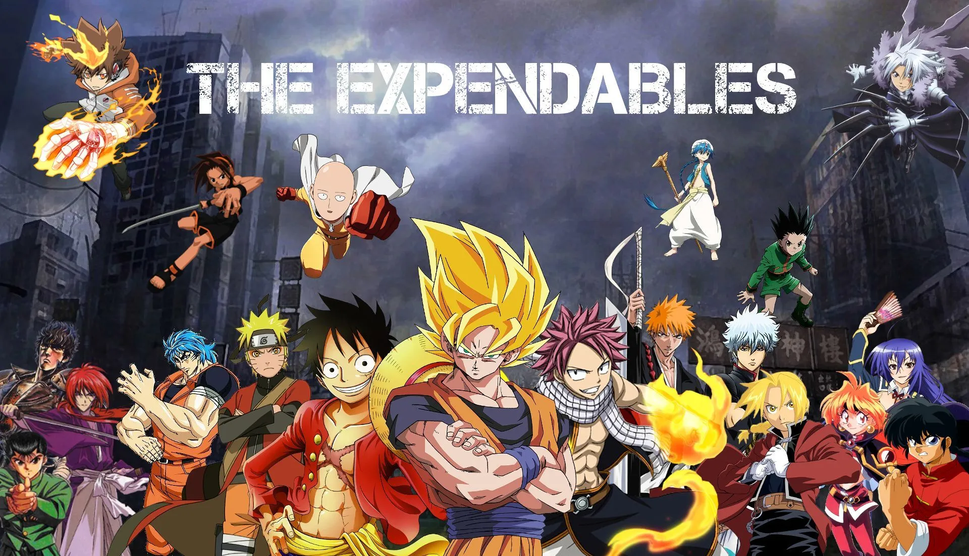 Phone wallpaper: Ranma Saotome, Anime, Crossover, Aladdin (Magi), Allen Walker, Edward Elric, Gintoki Sakata, Goku, Gon Freecss, Monkey D Luffy, Naruto Uzumaki, Natsu Dragneel, Saitama (One Punch Man), Toriko (Toriko), Tsunayoshi Sawada