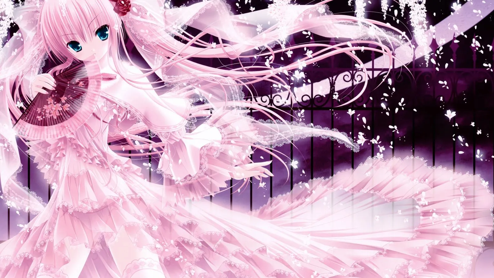 Beautiful anime girl in a long pink dress Desktop wallpaper 1600x900