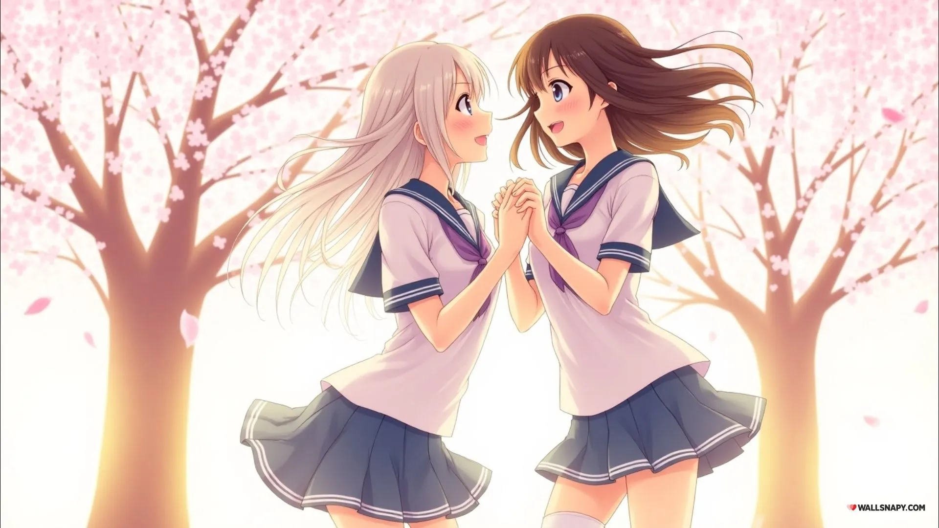 Cute anime girls friends sakura tree 4k pc desktop