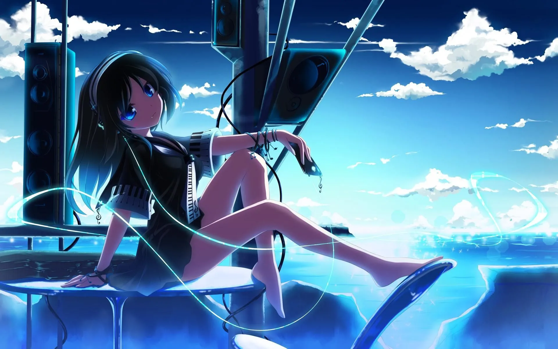 Anime girl enjoys music Desktop wallpaper 1920x1080