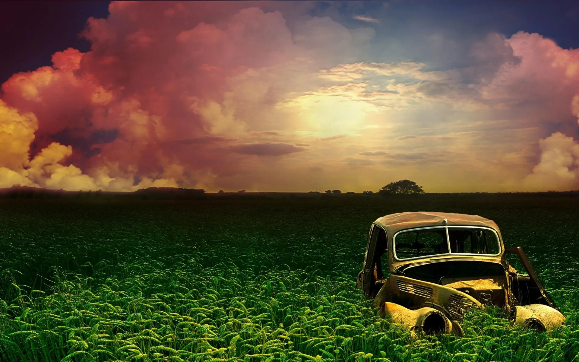 nature, Landscapes, Fields, Plants, Grass, Sky, Clouds, Color, Sunset, Sunrise, Vehicles, Classic, Retro, Cars, Art, Artistic, Manipulation, Cg, Digital, Art Wallpaper HD / Desktop and Mobile Background
