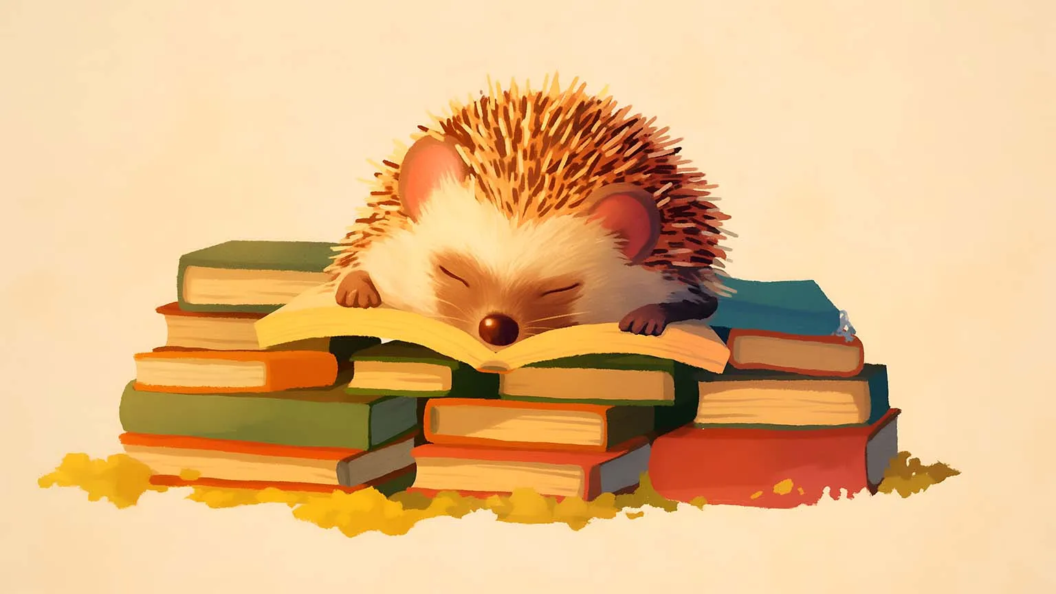 Sleepy Hedgehog Vintage Book Pile Cute Art Desktop Wallpaper