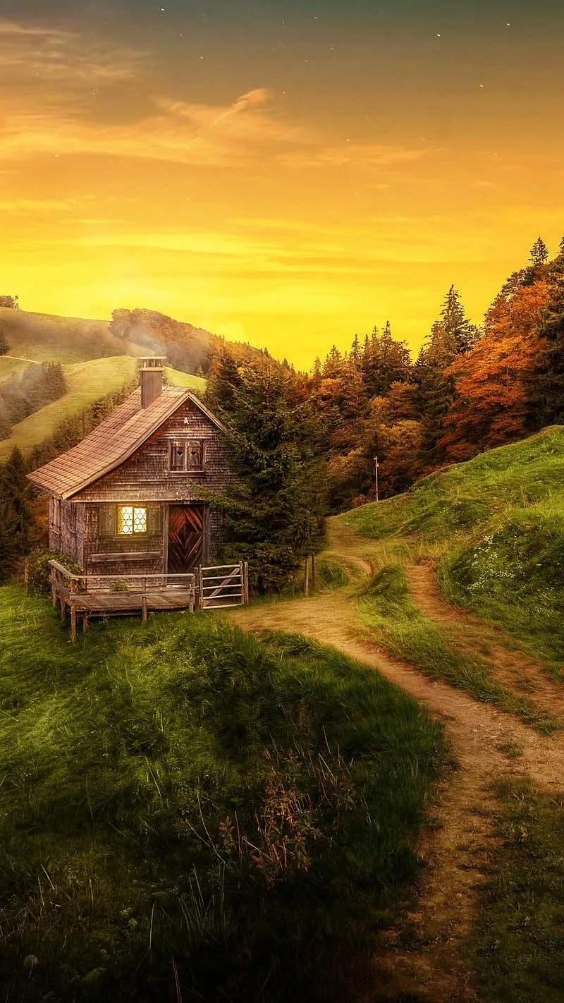 Scenery, mountain, house, grass, tree, nature, HD phone wallpaper