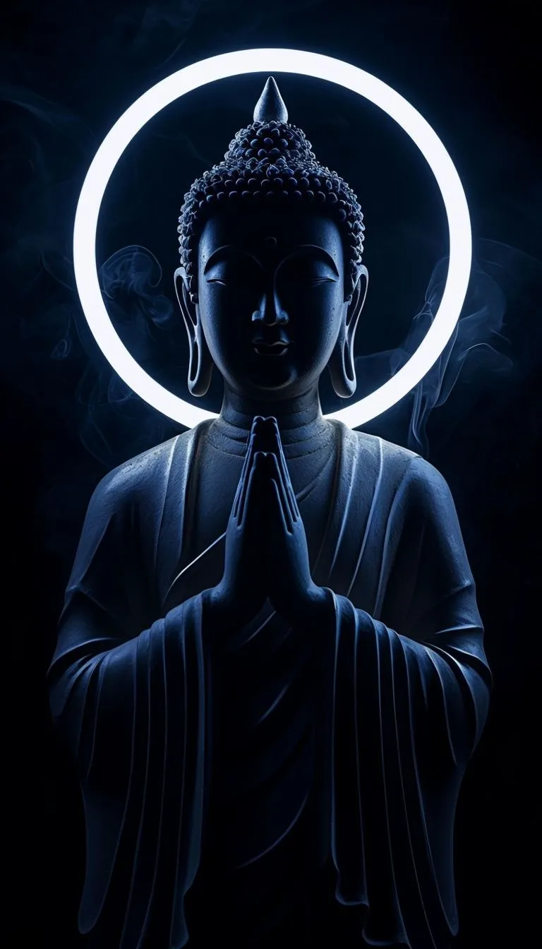 Mystical Buddha Statue With Halo In Dramatic Low Key Photography Mobile Wallpaper