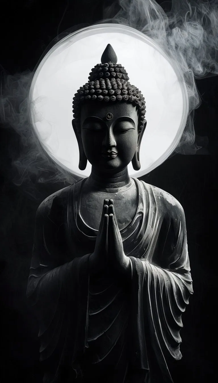 Serene Buddha Statue with Ethereal Halo in High Contrast Mobile Wallpaper