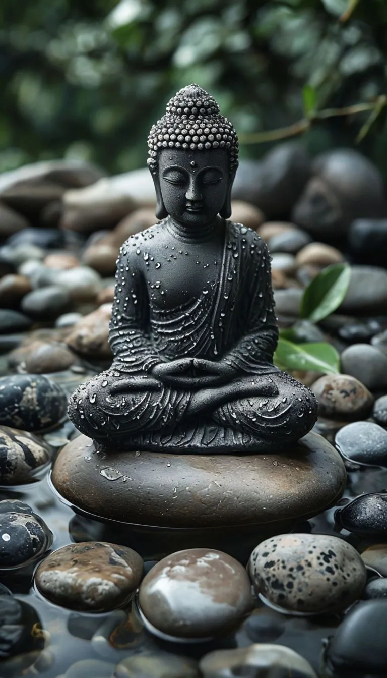 Serene Buddha Statue with Ethereal Halo in High Contrast Mobile Wallpaper