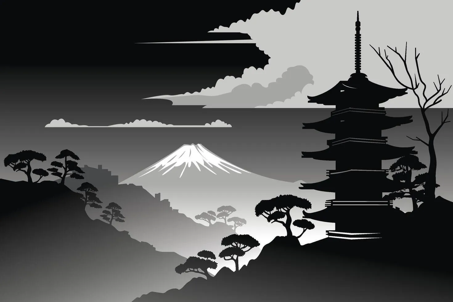 Silhouette iconic japan black and white.Japanese temple , hill, and trees with mount Fuji.Illustration background