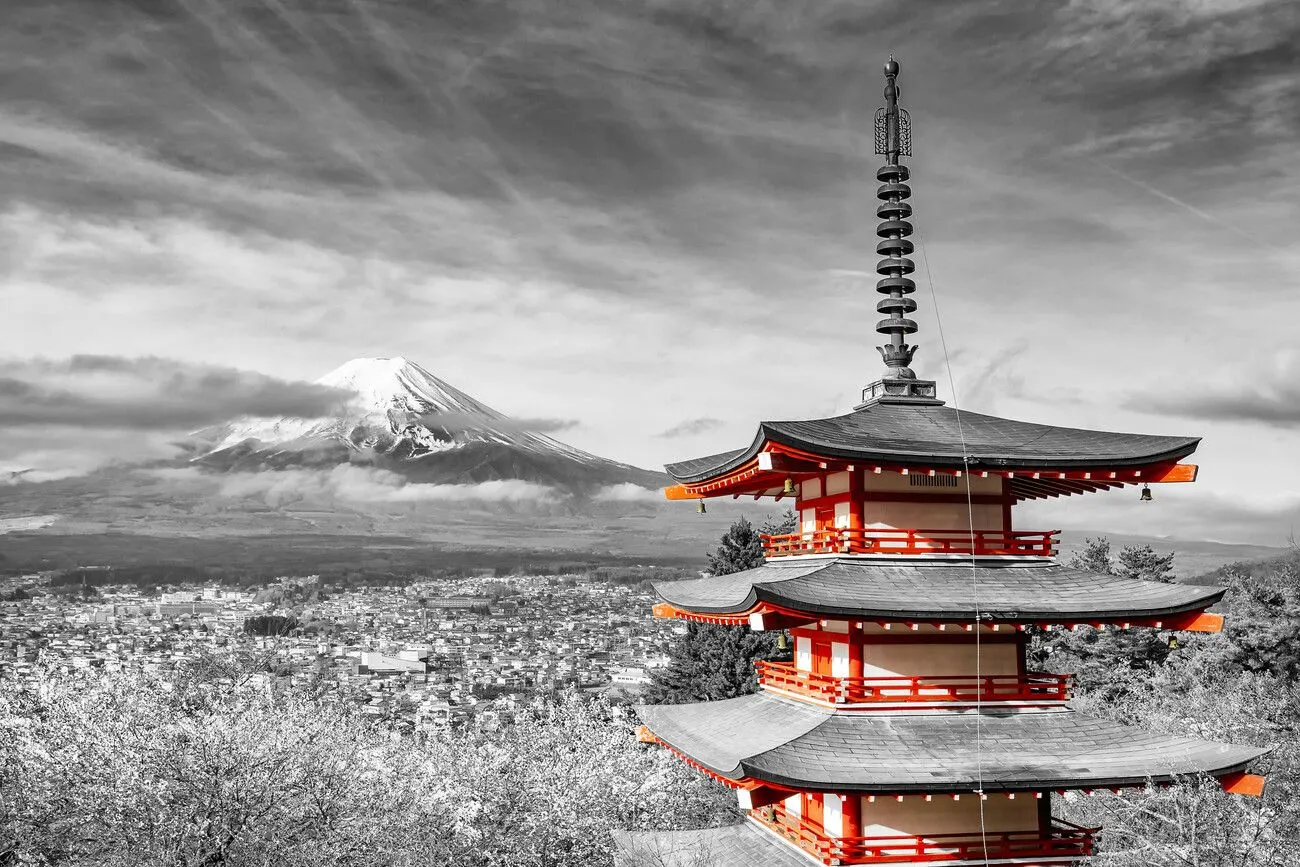 Poster Magnificent view of Mount Fuji with Pagoda. Wall Art 1 FREE