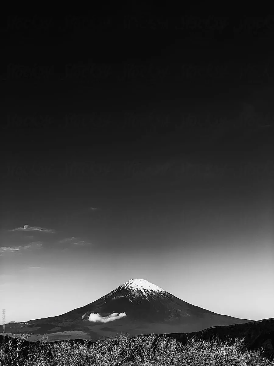 Black And White Photo Of Snow Capped Mount Fuji In Japan