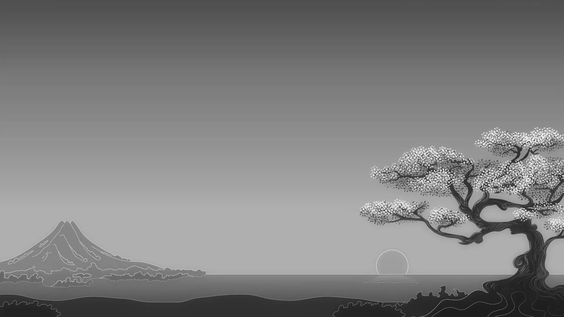 Japanese, Digital art, Minimalism, Simple background, Trees, Nature, Landscape, Mountians, Horizon, Sun, Monochrome, Mount Fuji Wallpaper HD / Desktop and Mobile Background