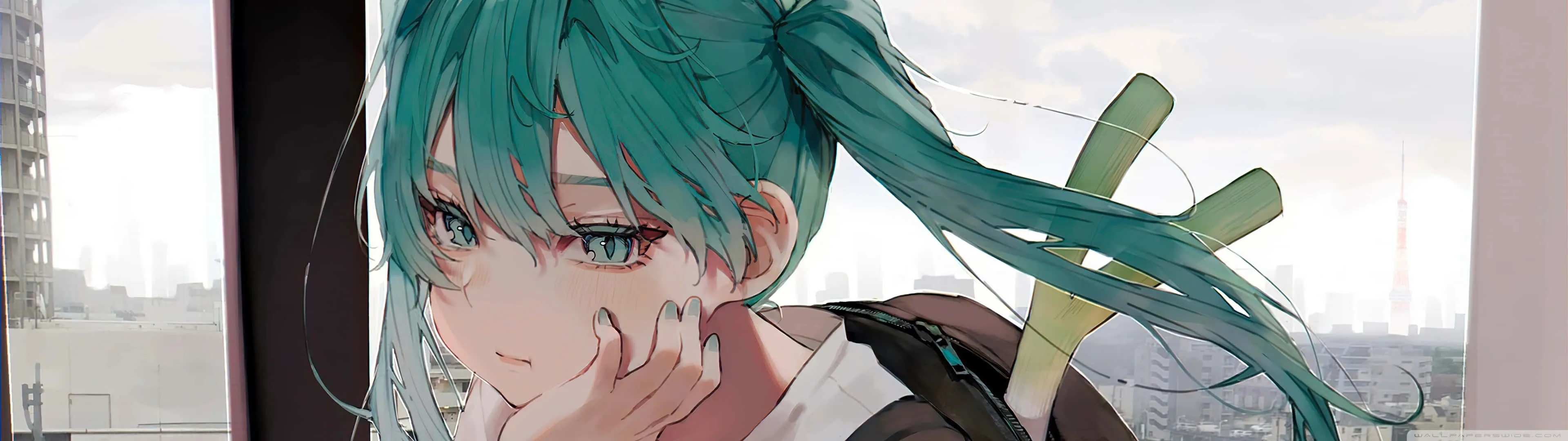 Download 3840x1080 Anime Green Hair Hands On Face Wallpaper