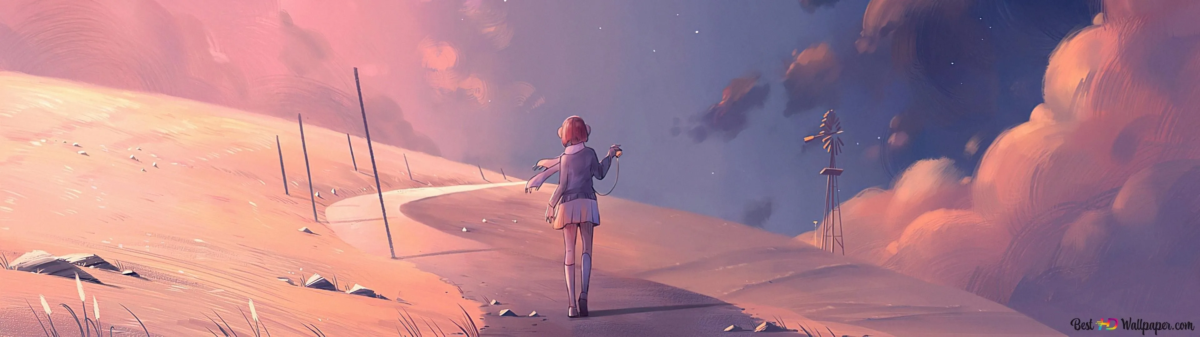 Anime Girl Walk Alone On Empty Road 4K wallpaper download
